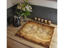 Banjado Herdabdeckplatte Glas 2 Teilig Je 30x52CM Schneidebrett Herdabdeckung Mit Motiv Sieben Weltmeere