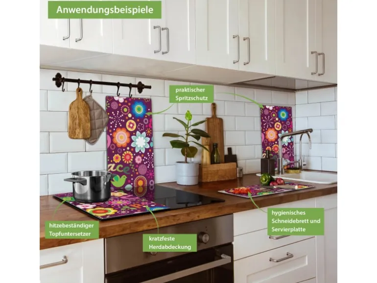 Banjado Herdabdeckplatte Glas 2 Teilig Je 30x52CM Schneidebrett Herdabdeckung Mit Motiv Love And Peace