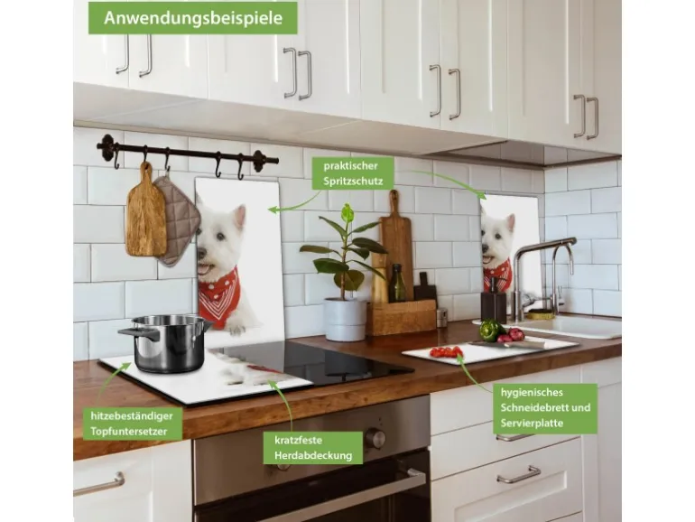 Banjado Herdabdeckplatte Glas 2 Teilig Je 30x52CM Schneidebrett Herdabdeckung Mit Motiv Westie