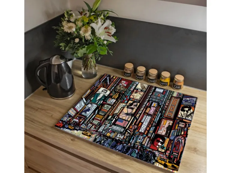 Banjado Herdabdeckplatte Glas 2 Teilig Je 30x52CM Schneidebrett Herdabdeckung Mit Motiv New York Show