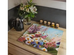 Banjado Herdabdeckplatte Glas 2 Teilig Je 30x52CM Schneidebrett Herdabdeckung Mit Motiv Sommerstrauss