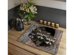 Banjado Herdabdeckplatte Glas 1 Teilig 60x52CM Schneidebrett Herdabdeckung Mit Motiv Drei Waschbären