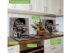 Banjado Herdabdeckplatte Glas 1 Teilig 60x52CM Schneidebrett Herdabdeckung Mit Motiv Drei Waschbären