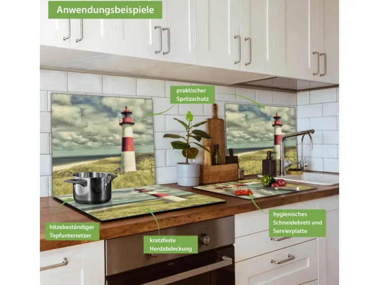 Banjado Herdabdeckplatte Glas 1 Teilig 60x52CM Schneidebrett Herdabdeckung Mit Motiv Leuchtturm Sylt