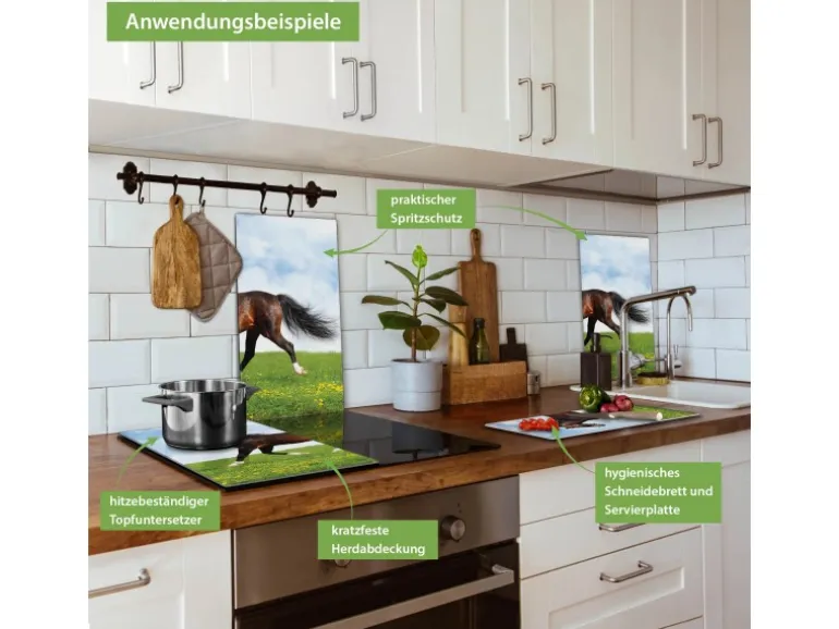 Banjado Herdabdeckplatte Glas 2 Teilig Je 30x52CM Schneidebrett Herdabdeckung Mit Motiv Pferd