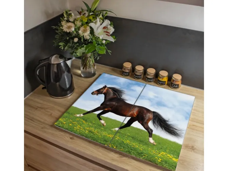 Banjado Herdabdeckplatte Glas 2 Teilig Je 30x52CM Schneidebrett Herdabdeckung Mit Motiv Pferd