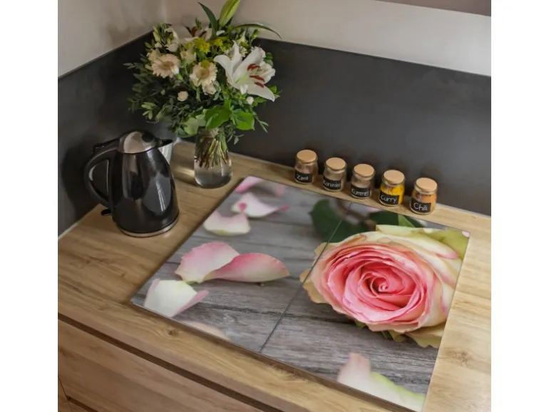 Banjado Herdabdeckplatte Glas 2 Teilig Je 30x52CM Schneidebrett Herdabdeckung Mit Motiv Rosa Rose