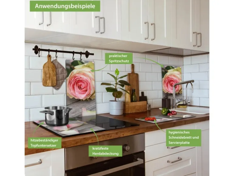 Banjado Herdabdeckplatte Glas 2 Teilig Je 30x52CM Schneidebrett Herdabdeckung Mit Motiv Rosa Rose