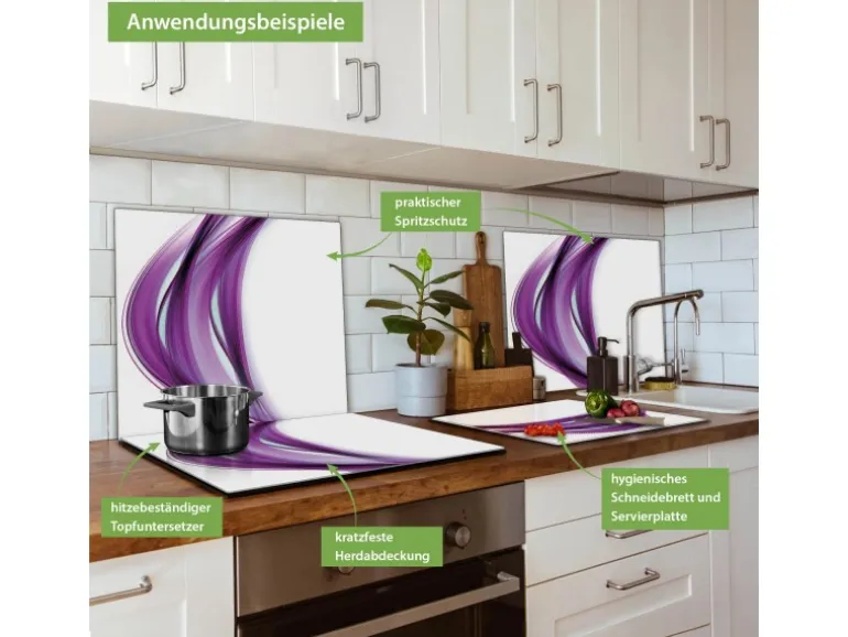 Banjado Herdabdeckplatte Glas 1 Teilig 60x52CM Schneidebrett Herdabdeckung Mit Motiv Violet Element