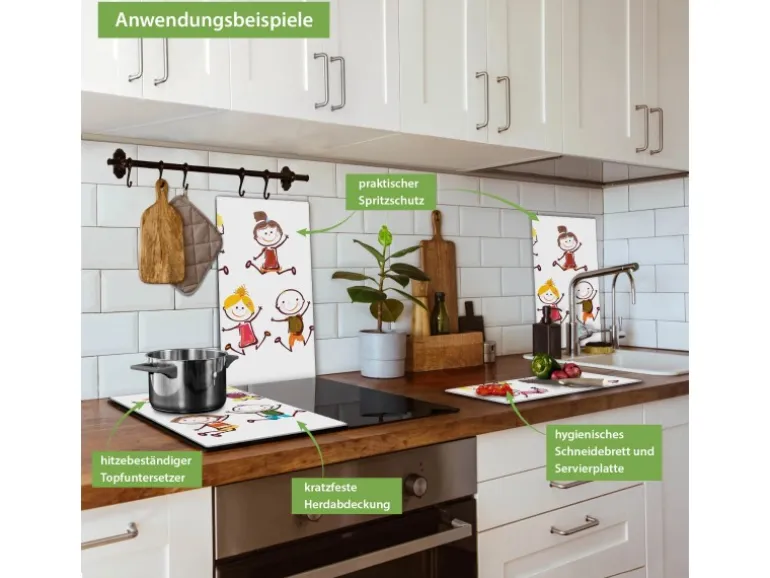 Banjado Herdabdeckplatte Glas 2 Teilig Je 30x52CM Schneidebrett Herdabdeckung Mit Motiv Happy Kids