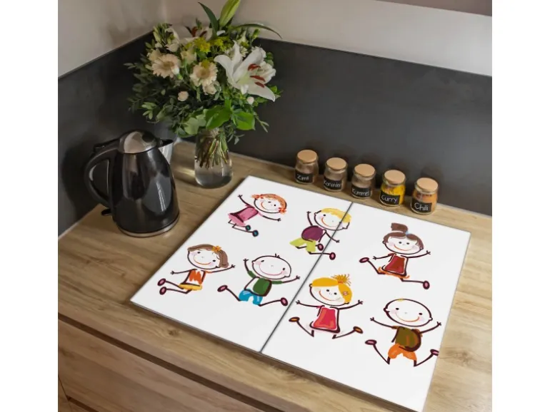 Banjado Herdabdeckplatte Glas 2 Teilig Je 30x52CM Schneidebrett Herdabdeckung Mit Motiv Happy Kids