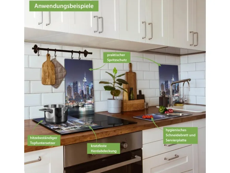 Banjado Herdabdeckplatte Glas 2 Teilig Je 30x52CM Schneidebrett Herdabdeckung Mit Motiv New York