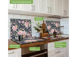 Banjado Herdabdeckplatte Glas 1 Teilig 60x52CM Schneidebrett Herdabdeckung Mit Motiv Rosen Auf Anthrazit