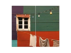 Banjado Herdabdeckplatte Glas 2 Teilig Je 30x52CM Schneidebrett Herdabdeckung Mit Motiv Buntes Haus