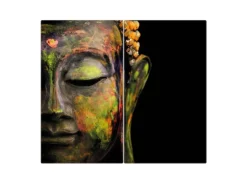 Banjado Herdabdeckplatte Glas 2 Teilig Je 30x52CM Schneidebrett Herdabdeckung Mit Motiv Bunter Buddha