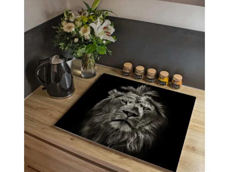 Banjado Herdabdeckplatte Glas 2 Teilig Je 30x52CM Schneidebrett Herdabdeckung Mit Motiv Löwe Porträt
