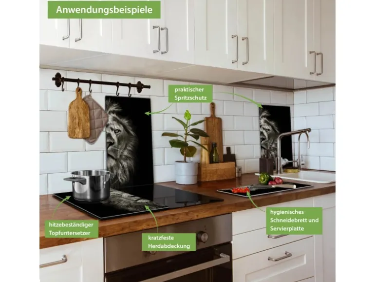 Banjado Herdabdeckplatte Glas 2 Teilig Je 30x52CM Schneidebrett Herdabdeckung Mit Motiv Löwe Porträt
