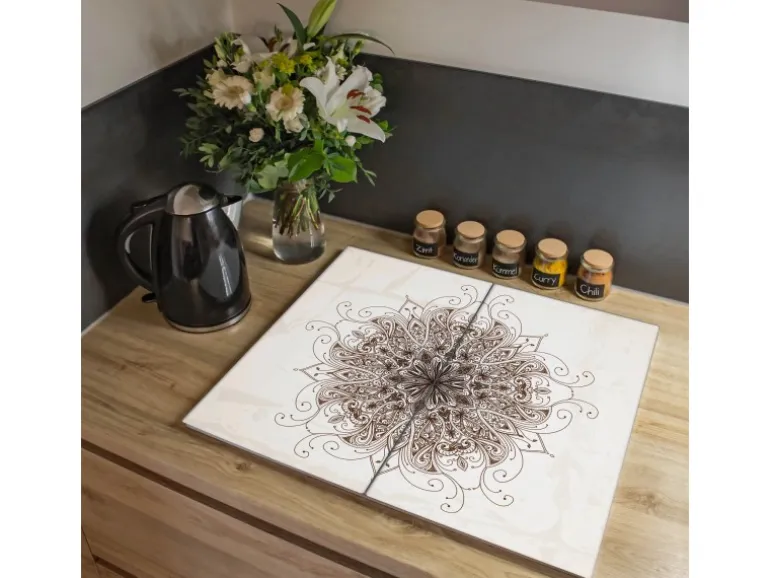 Banjado Herdabdeckplatte Glas 2 Teilig Je 30x52CM Schneidebrett Herdabdeckung Mit Motiv Mehendi