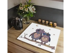 Banjado Herdabdeckplatte Glas 1 Teilig 60x52CM Schneidebrett Herdabdeckung Mit Motiv Verliebte Eulen