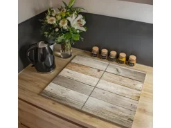 Banjado Herdabdeckplatte Glas 2 Teilig Je 30x52CM Schneidebrett Herdabdeckung Mit Motiv Graues Holz