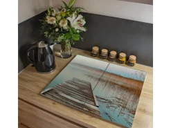 Banjado Herdabdeckplatte Glas 2 Teilig Je 30x52CM Schneidebrett Herdabdeckung Mit Motiv Alter Steg