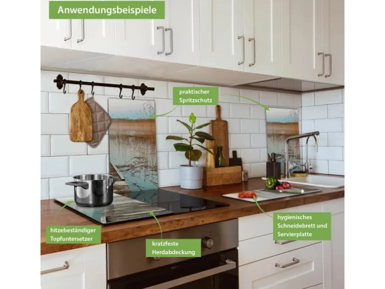 Banjado Herdabdeckplatte Glas 2 Teilig Je 30x52CM Schneidebrett Herdabdeckung Mit Motiv Alter Steg