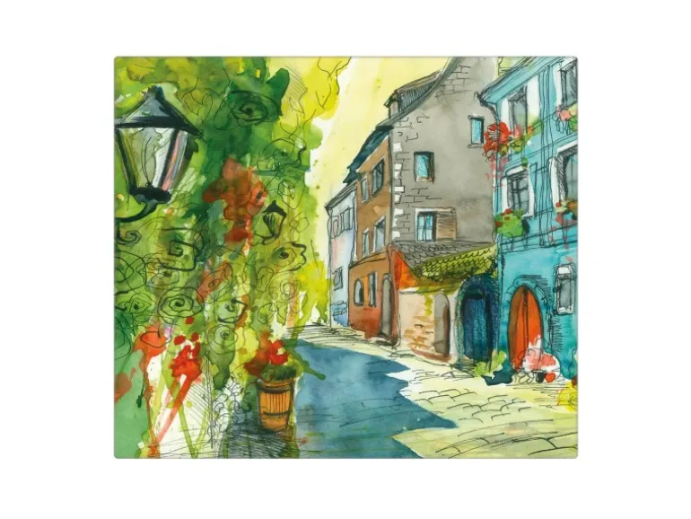 Banjado Herdabdeckplatte Glas 1 Teilig 60x52CM Schneidebrett Herdabdeckung Mit Motiv Historischer Stadtkern