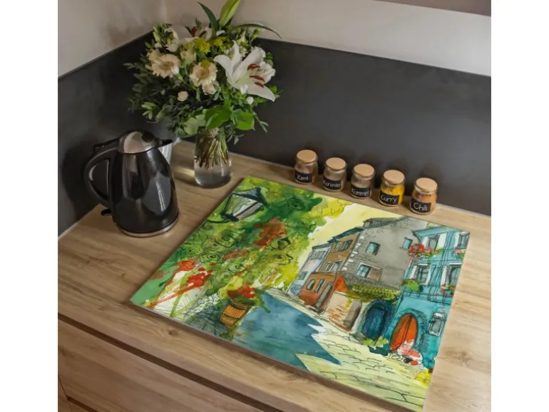Banjado Herdabdeckplatte Glas 1 Teilig 60x52CM Schneidebrett Herdabdeckung Mit Motiv Historischer Stadtkern