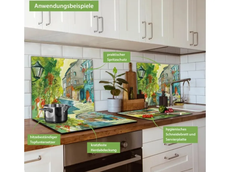 Banjado Herdabdeckplatte Glas 1 Teilig 60x52CM Schneidebrett Herdabdeckung Mit Motiv Historischer Stadtkern