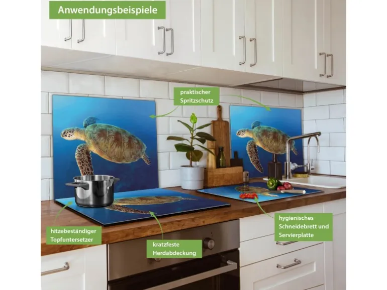 Banjado Herdabdeckplatte Glas 1 Teilig 60x52CM Schneidebrett Herdabdeckung Mit Motiv Wasserschildkröte