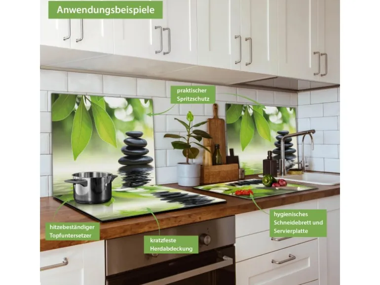 Banjado Herdabdeckplatte Glas 1 Teilig 60x52CM Schneidebrett Herdabdeckung Mit Motiv Steine&Relax