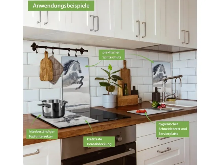 Banjado Herdabdeckplatte Glas 2 Teilig Je 30x52CM Schneidebrett Herdabdeckung Mit Motiv Wildes Pferd