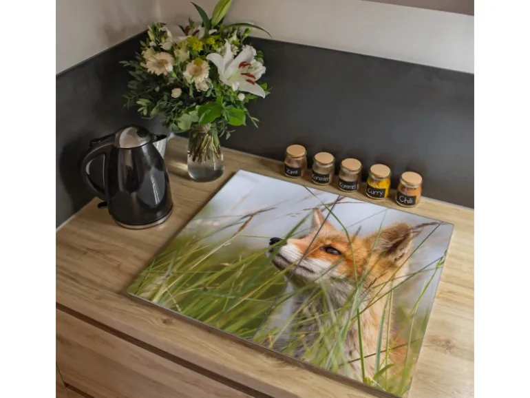 Banjado Herdabdeckplatte Glas 2 Teilig Je 30x52CM Schneidebrett Herdabdeckung Mit Motiv Fuchs