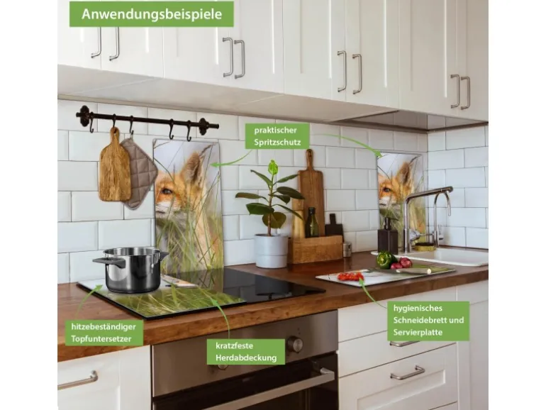 Banjado Herdabdeckplatte Glas 2 Teilig Je 30x52CM Schneidebrett Herdabdeckung Mit Motiv Fuchs