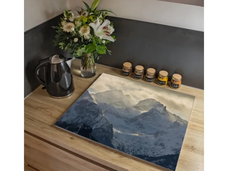 Banjado Herdabdeckplatte Glas 1 Teilig 60x52CM Schneidebrett Herdabdeckung Mit Motiv Alpen Im Sonnenschein