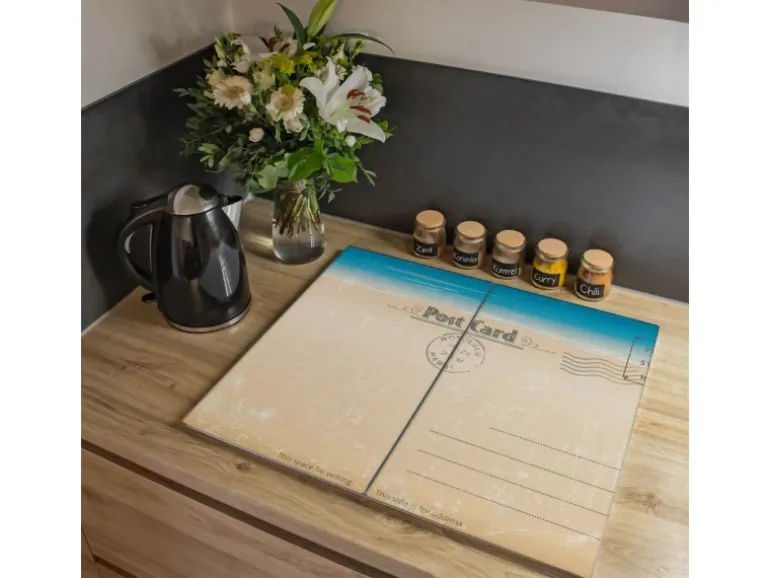 Banjado Herdabdeckplatte Glas 2 Teilig Je 30x52CM Schneidebrett Herdabdeckung Mit Motiv Postkarte