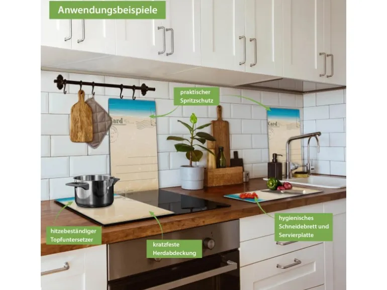 Banjado Herdabdeckplatte Glas 2 Teilig Je 30x52CM Schneidebrett Herdabdeckung Mit Motiv Postkarte