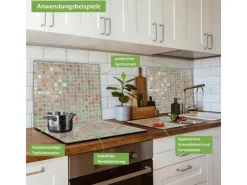 Banjado Herdabdeckplatte Glas 1 Teilig 60x52CM Schneidebrett Herdabdeckung Mit Motiv Grüne Fliesen