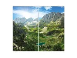 Banjado Herdabdeckplatte Glas 2 Teilig Je 30x52CM Schneidebrett Herdabdeckung Mit Motiv Bergsee Alpen