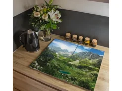 Banjado Herdabdeckplatte Glas 2 Teilig Je 30x52CM Schneidebrett Herdabdeckung Mit Motiv Bergsee Alpen