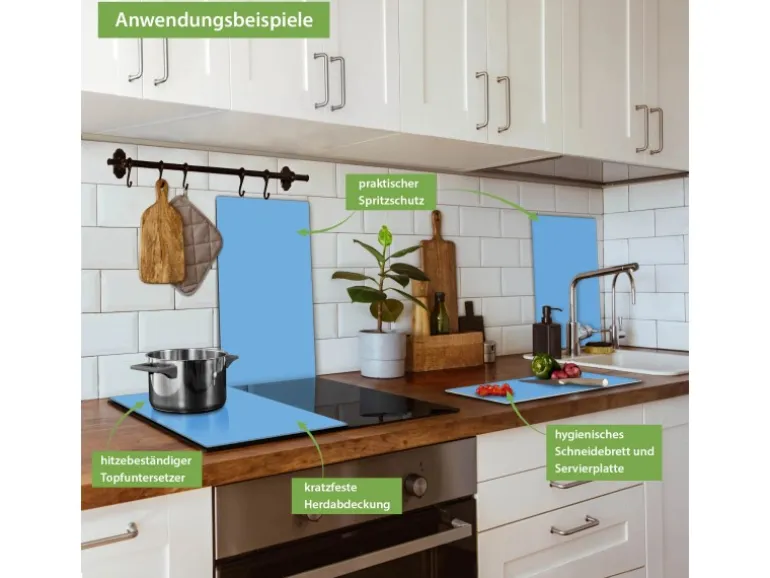 Banjado Herdabdeckplatte Glas 2 Teilig Je 30x52CM Schneidebrett Herdabdeckung Mit Motiv Pastellblau