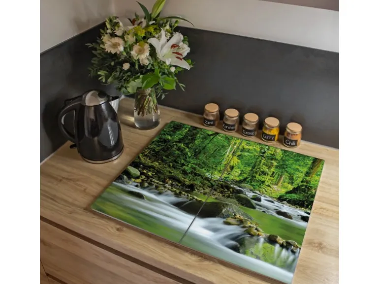 Banjado Herdabdeckplatte Glas 2 Teilig Je 30x52CM Schneidebrett Herdabdeckung Mit Motiv Rauschender Bach