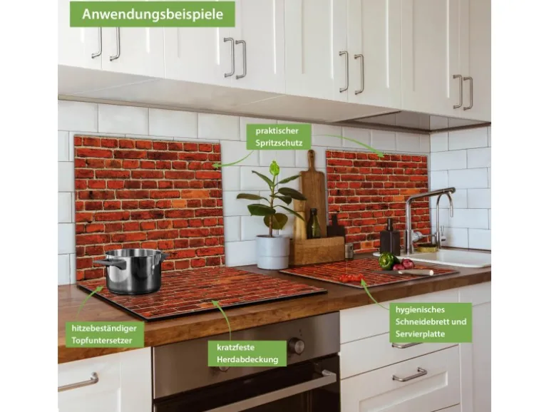 Banjado Herdabdeckplatte Glas 1 Teilig 60x52CM Schneidebrett Herdabdeckung Mit Motiv Ziegelwand
