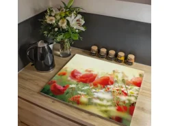 Banjado Herdabdeckplatte Glas 1 Teilig 60x52CM Schneidebrett Herdabdeckung Mit Motiv Kamille Und Mohn
