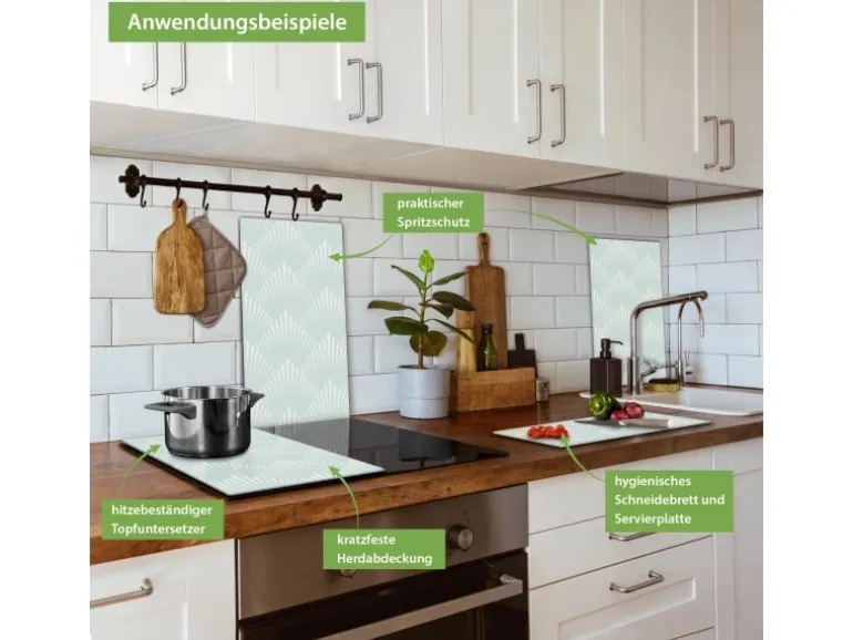 Banjado Herdabdeckplatte Glas 2 Teilig Je 30x52CM Schneidebrett Herdabdeckung Mit Motiv Strahlen Mint