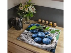Banjado Herdabdeckplatte Glas 1 Teilig 60x52CM Schneidebrett Herdabdeckung Mit Motiv Blaubeeren