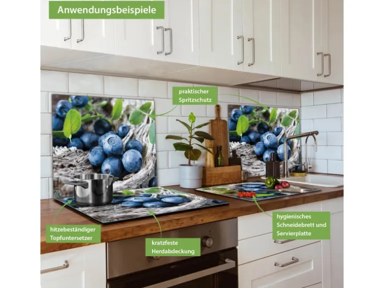 Banjado Herdabdeckplatte Glas 1 Teilig 60x52CM Schneidebrett Herdabdeckung Mit Motiv Blaubeeren