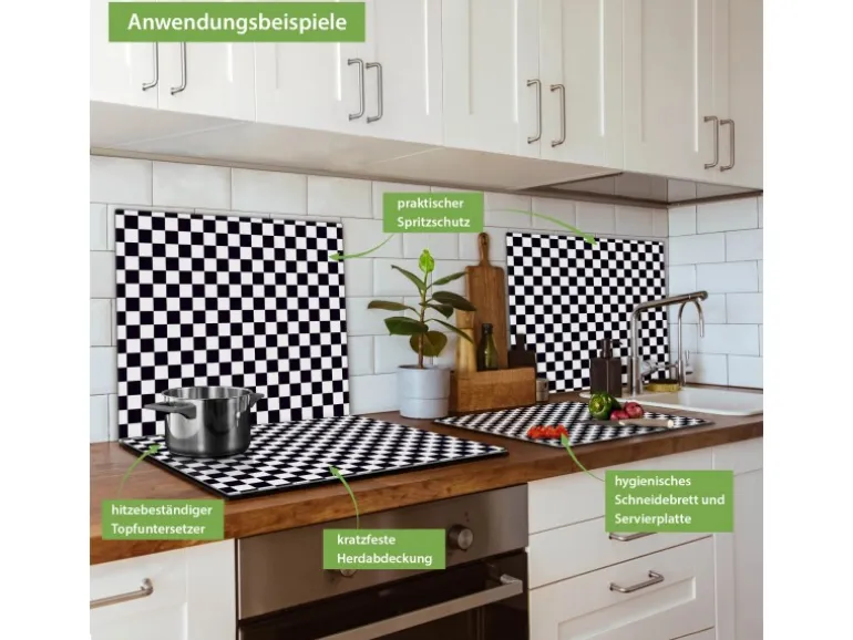 Banjado Herdabdeckplatte Glas 1 Teilig 60x52CM Schneidebrett Herdabdeckung Mit Motiv Karo Schwarz