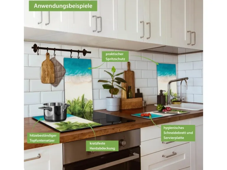 Banjado Herdabdeckplatte Glas 2 Teilig Je 30x52CM Schneidebrett Herdabdeckung Mit Motiv Strandtag