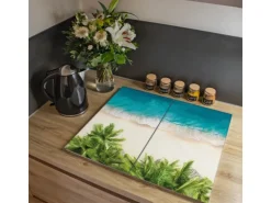 Banjado Herdabdeckplatte Glas 2 Teilig Je 30x52CM Schneidebrett Herdabdeckung Mit Motiv Strandtag